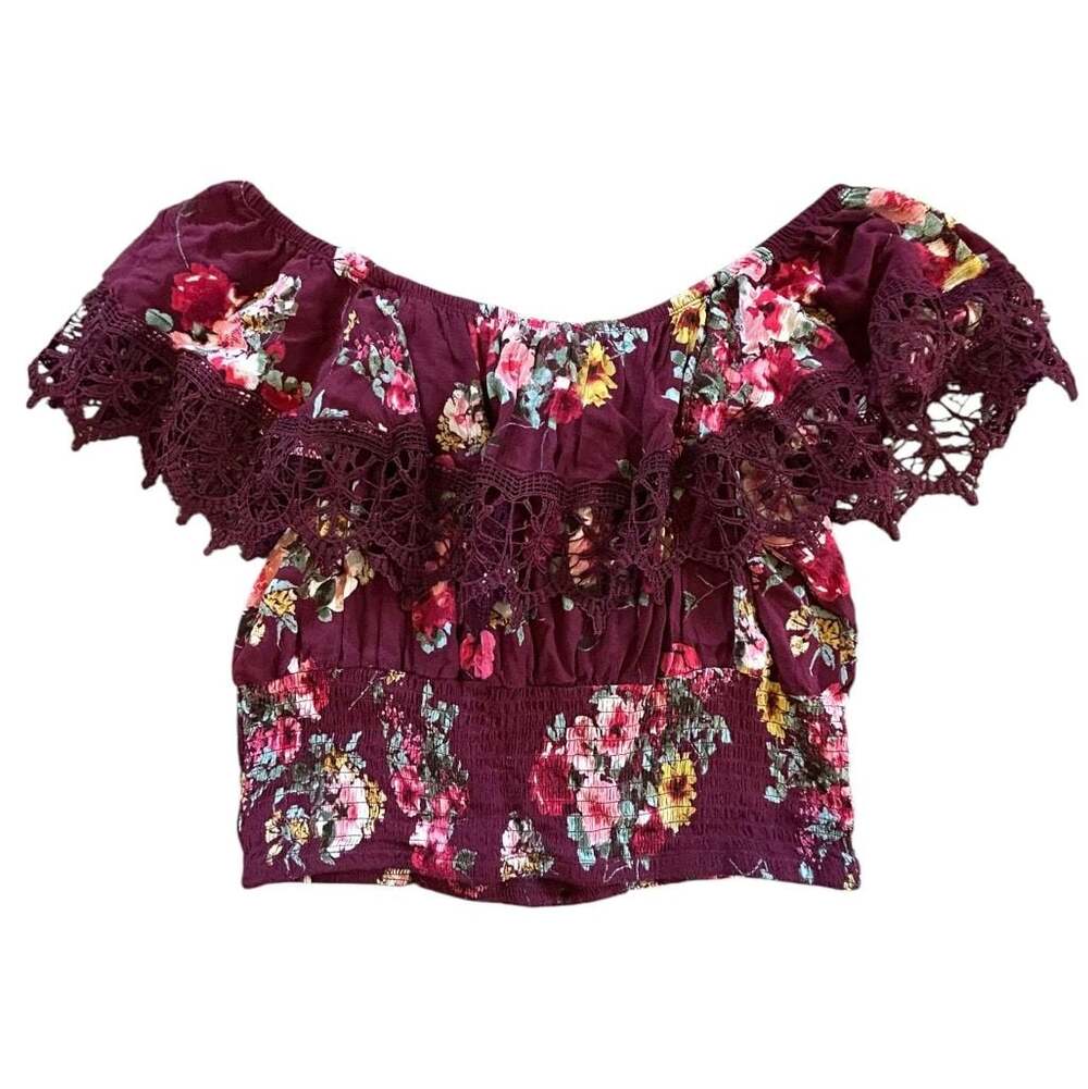 Haute Project Los Angeles Burgundy Floral Off The Shoulder Lace Trim Smocked Cro